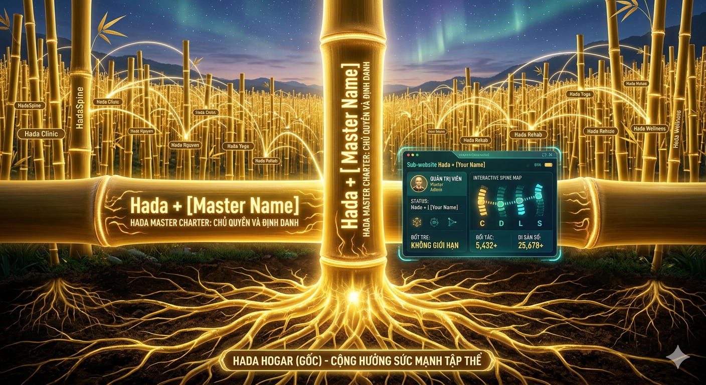 Mô tả hệ sinh thái Tre Vàng Hadavina với mạng lưới đối tác không giới hạn, cấu trúc Sub-website cá nhân hóa Hada Master Charter và bản đồ tác động cột sống kỹ thuật số.